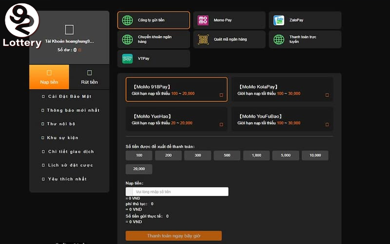 Cách nạp tiền 92Lottery qua ứng dụng website